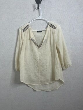 Jella Couture Cream Boho Embroidered Blouse 3/4 Sleeve Textured Top Size Medium